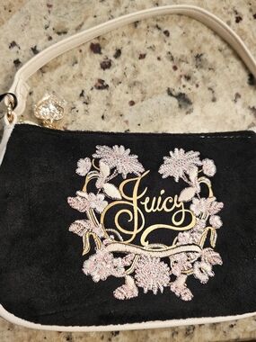 Juicy Couture Black Clutch with Pink Floral Embroidery and Cream Trim